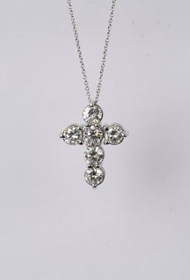 4.74 Carat Round Diamond Cross Necklace in 14k White Gold | 16-18"