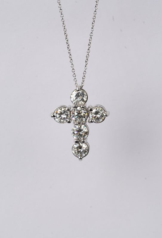 4.74 Carat Round Diamond Cross Necklace in 14k White Gold | 16-18"