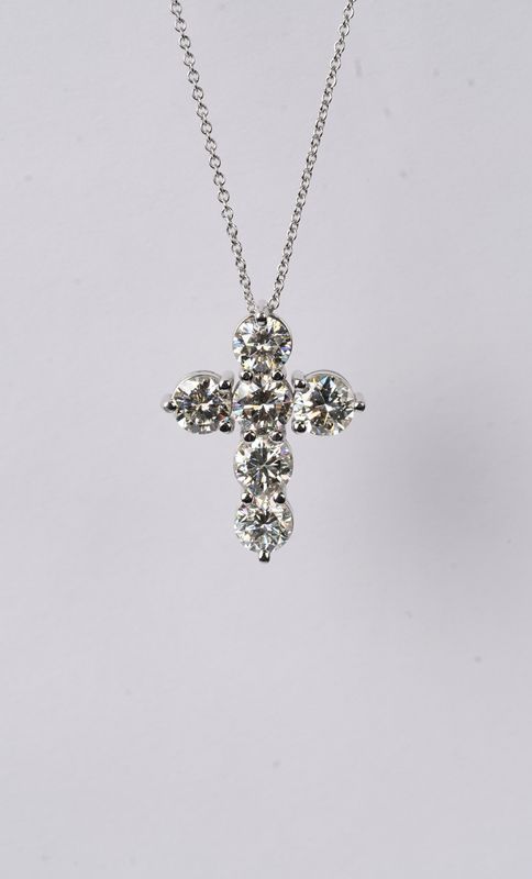 5.08 Carat Round Diamond Cross Necklace in 14k White Gold | 16-18"