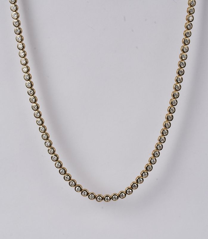 ETEE- 14KY 13.45g 6.00ctw H-I/SI1-SI2 Round Diamond Bezel Tennis Necklace 17"