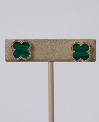 DTTX- 14KY 2.33g .21ctw Malachite &amp; Diamond Halo Alhambra Earrings