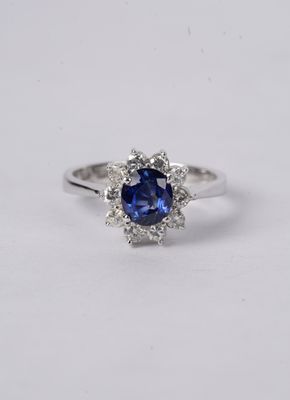 1.35 Carat Sapphire & Diamond Halo Estate Ring in 18k White Gold 1.35 Carat Sapphire & Diamond Halo Estate Ring in 18k White Gold