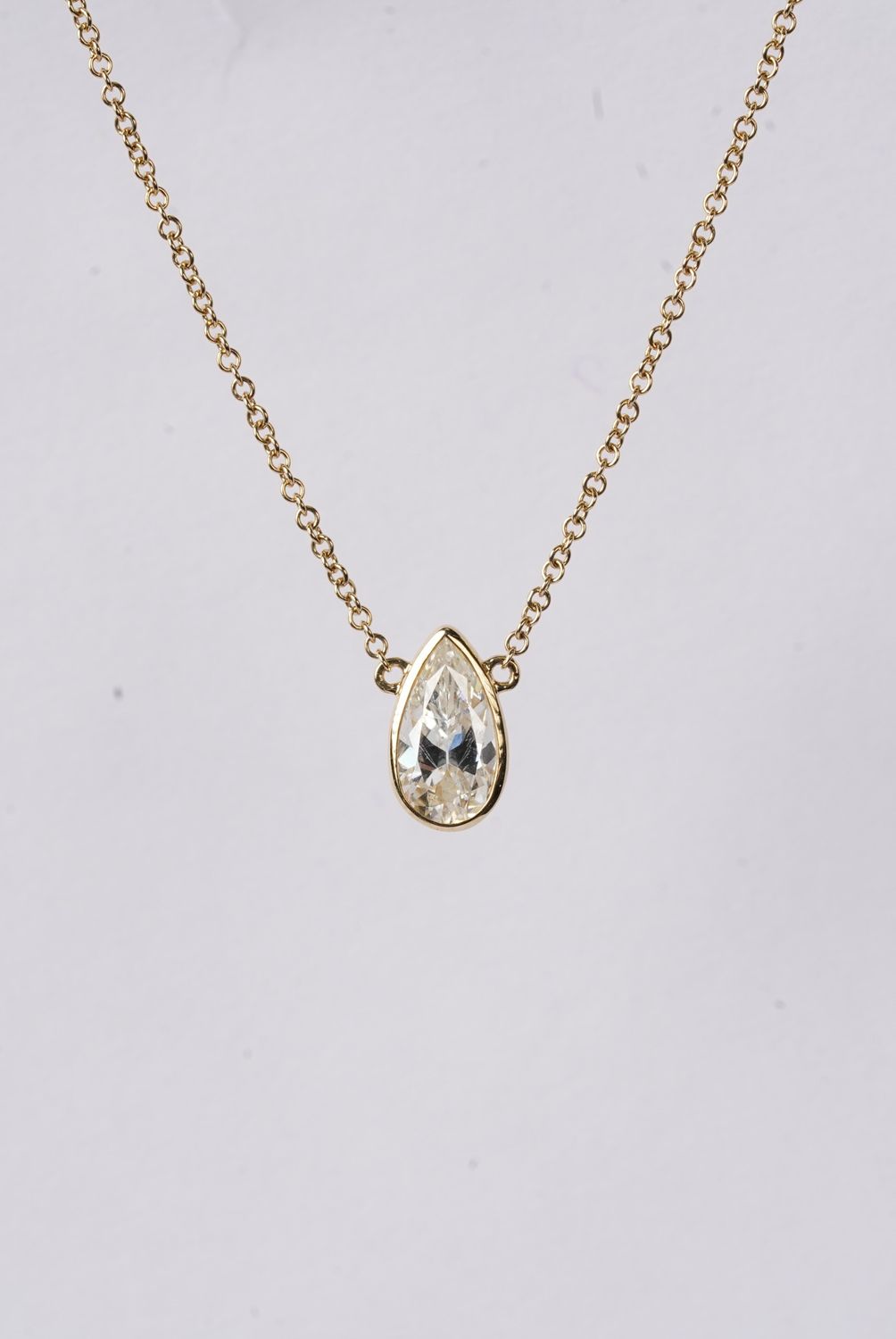 VNIT- 14KY 1.74g .95ct J/SI2 Pear Diamond Bezel Necklace 16"
