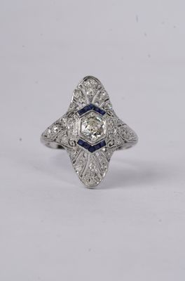 .90 Carat Mine Cut Diamond and Sapphire Antique Ring in Platinum