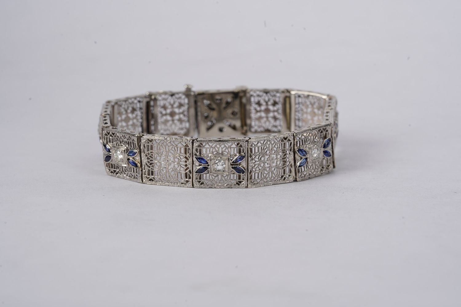 LETX- 14KW 16.59g 1.35ctw Sapphire &amp; Diamond Vintage Bracelet 7"