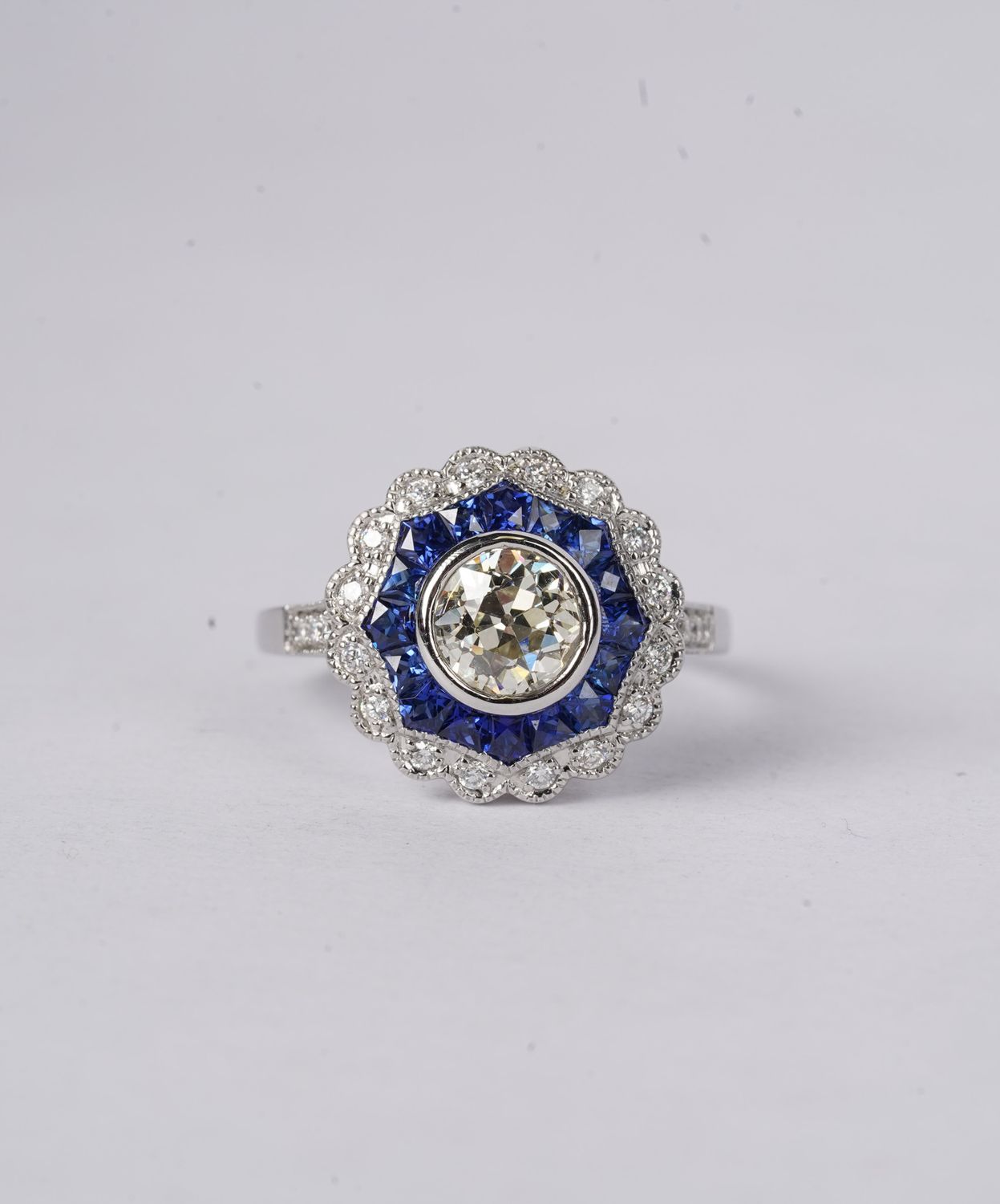 DETT- Platinum 6.34g 1.85ctw (1.00ctr) J/SI1 European Diamond &amp; Sapphire Vintage Inspired Ring (size 6)