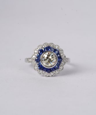 1.85 Total Carat with 1.00 Center European Diamond and Sapphire Vintage Inspired Ring in Platinum