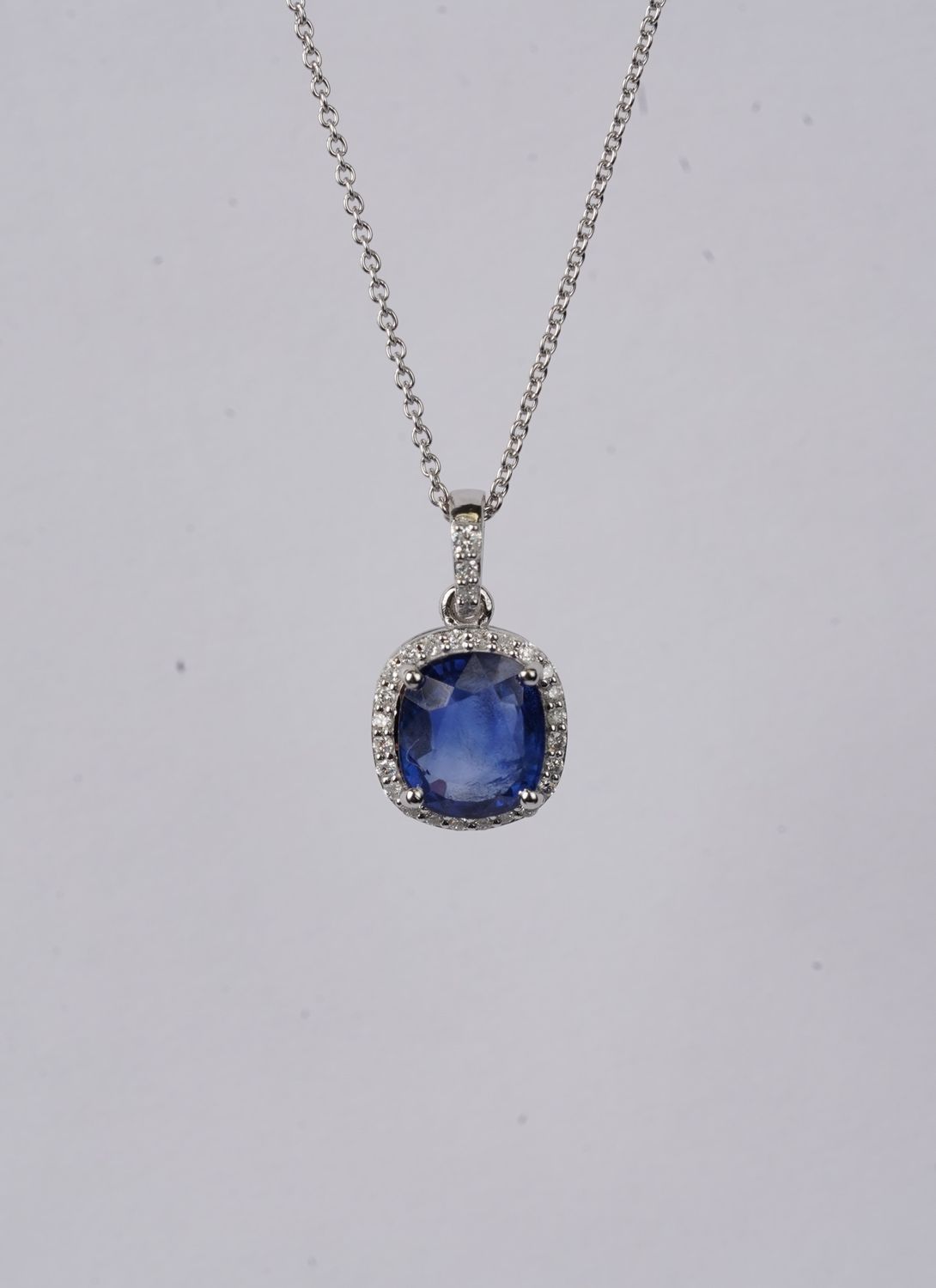 2.01 Carat Sapphire and Diamond Halo Necklace in 14k White Gold | 16-18"