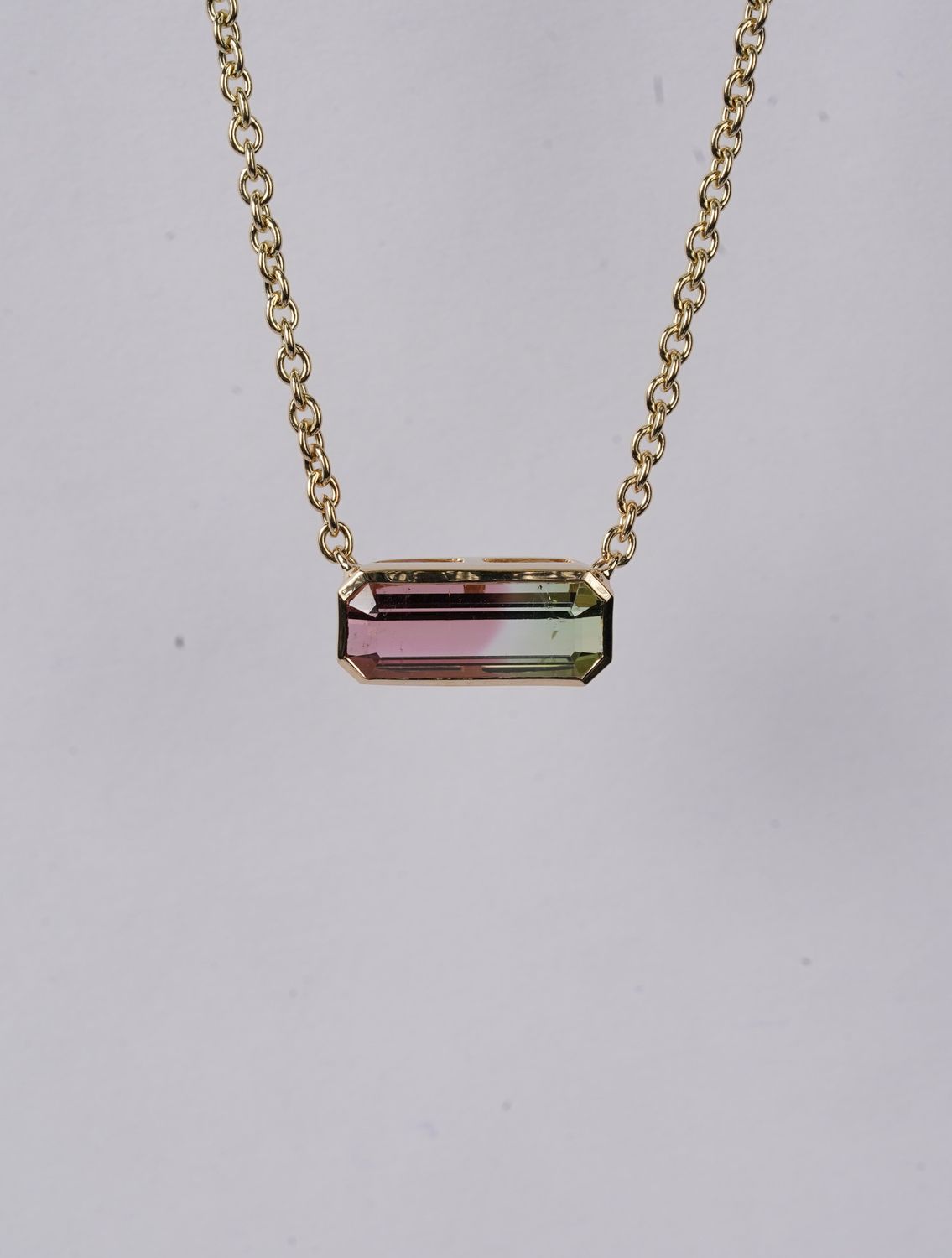 IBEX- 14KY 5.62g 2.24ct Watermelon Tourmaline Bezel Necklace 16-18"