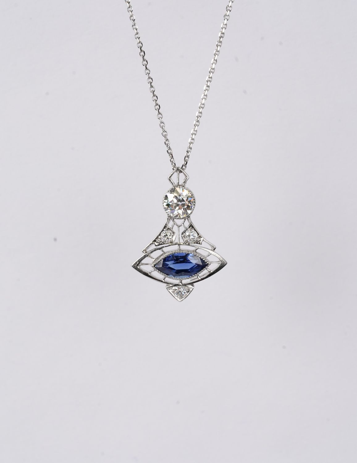 LETX- 10KW/Platinum 3.32g 1.00ctw Sapphire &amp; Euro Diamond Vintage Pendant 16-18"