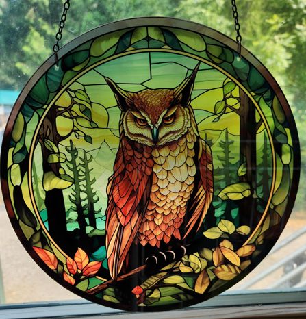 Stained Glass Suncatcher - 10" Forest Owl