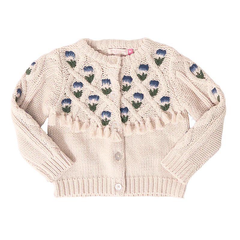 Pink Chicken Tari Tassel Sweater Cream Flower Embroidery