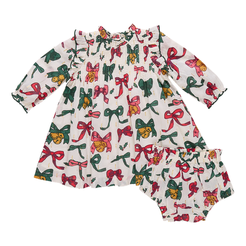 Pink Chicken Baby Jaipur Dress Set Christmas Bows and Bells