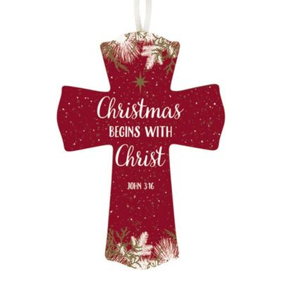 Christmas Begins with Christ Wood Cross Ornament