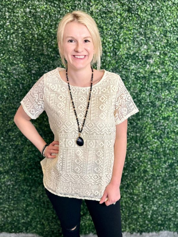 Natural Crocheted Short Sleeve Blouse 