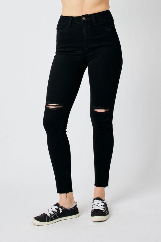 Black HW Destroy Raw Hem Skinny