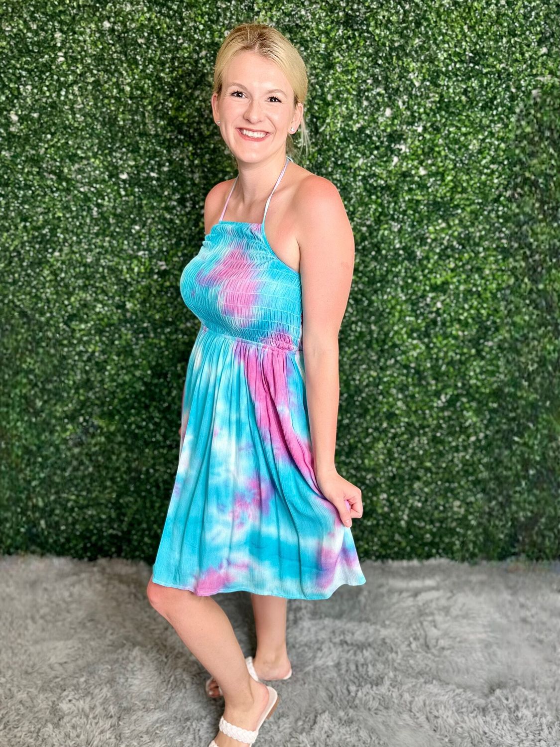 Smocked Tie Dye Halter Mini Dress 