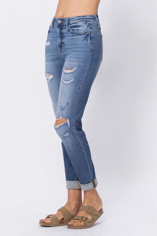 High Waist Cuffed Destroyed Boyfriend Jeans 