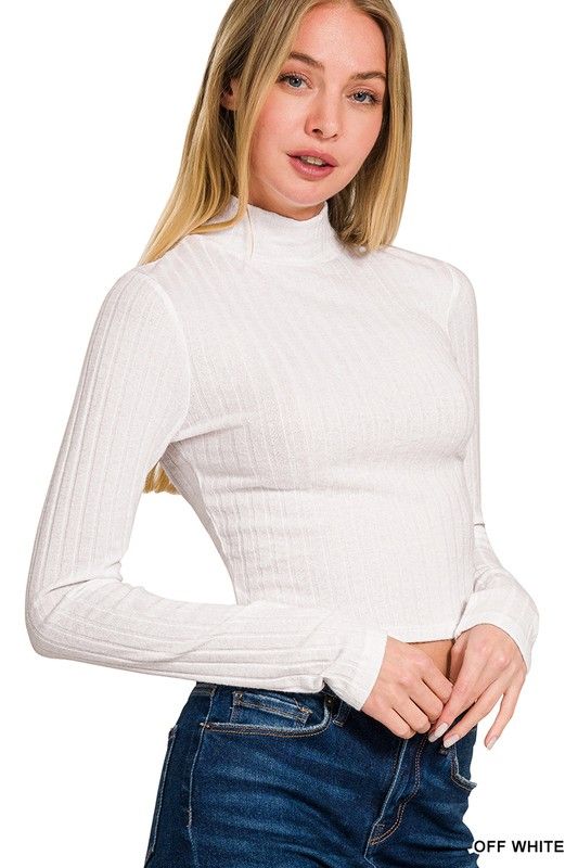 Ribbed Mock Neck Cropped Long Sleeve Top 