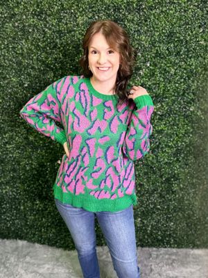 Green Mix Animal Print Pullover Sweater 