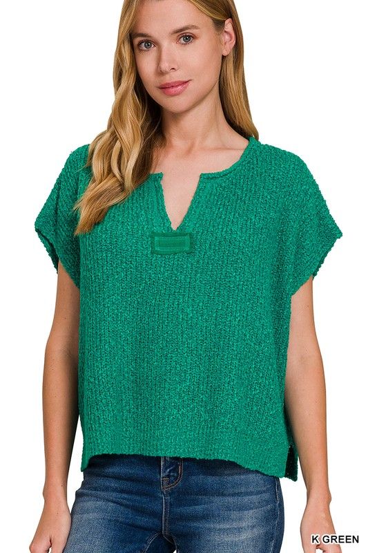 Kelly Green Side Slit Short Sleeve Sweater 