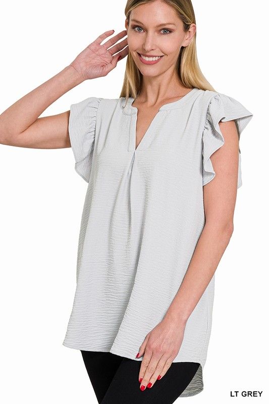 Ash Grey Woven Flutter Sleeve V-Neck Blouse 