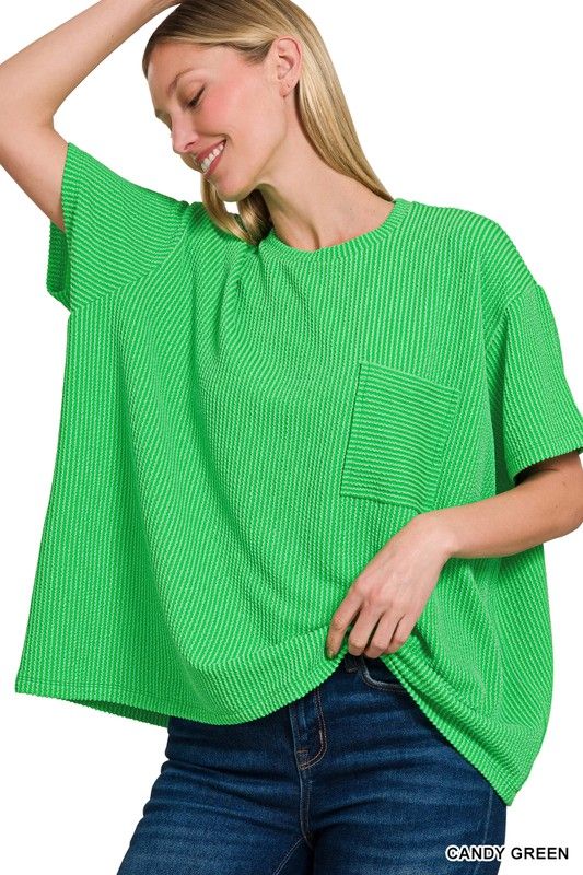 Corded Rib Short Sleeve Front Pocket Top 