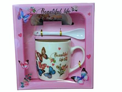 KUBEK 330 ml  Z PODSTAWKĄ I ŁYZECZKĄ