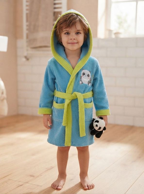 Albornoz Infantil de Rizo de Algodón - Panda Azul Interbaby