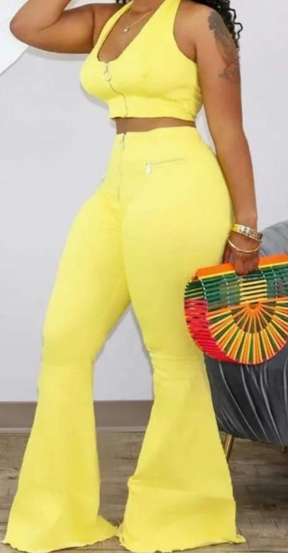 Zip Design Halter Crop Top Flared Leg Pants Set