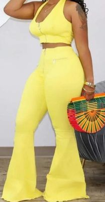 Zip Design Halter Crop Top Flared Leg Pants Set