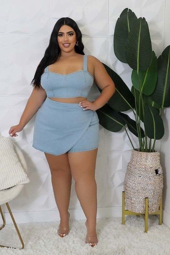PLUS SIZE Chic Stretch Denim Top and Short Set