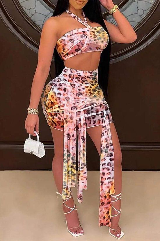 CHEETAH PRINT HALTER TOP STRAP DECOR SKIRT SET