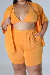 PLUS SIZE Three-piece set, Triangle top, Self tie closure, Stretch cardigan,