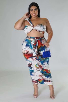 PLUS SIZE Crop top Round neckline High waisted Skirt Set