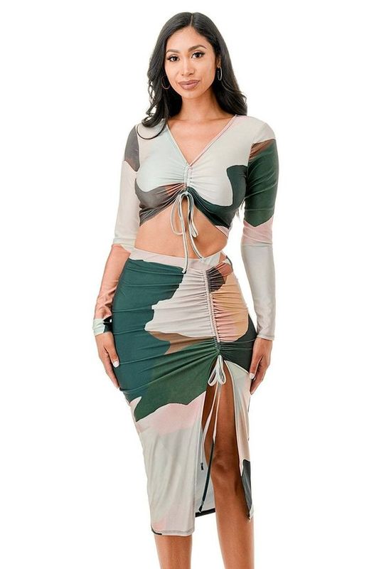 PLUS SIZE Front Adjustable Ruched Top Ruched Skirt Set