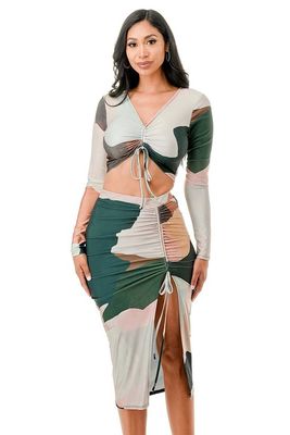 PLUS SIZE Front Adjustable Ruched Top Ruched Skirt Set
