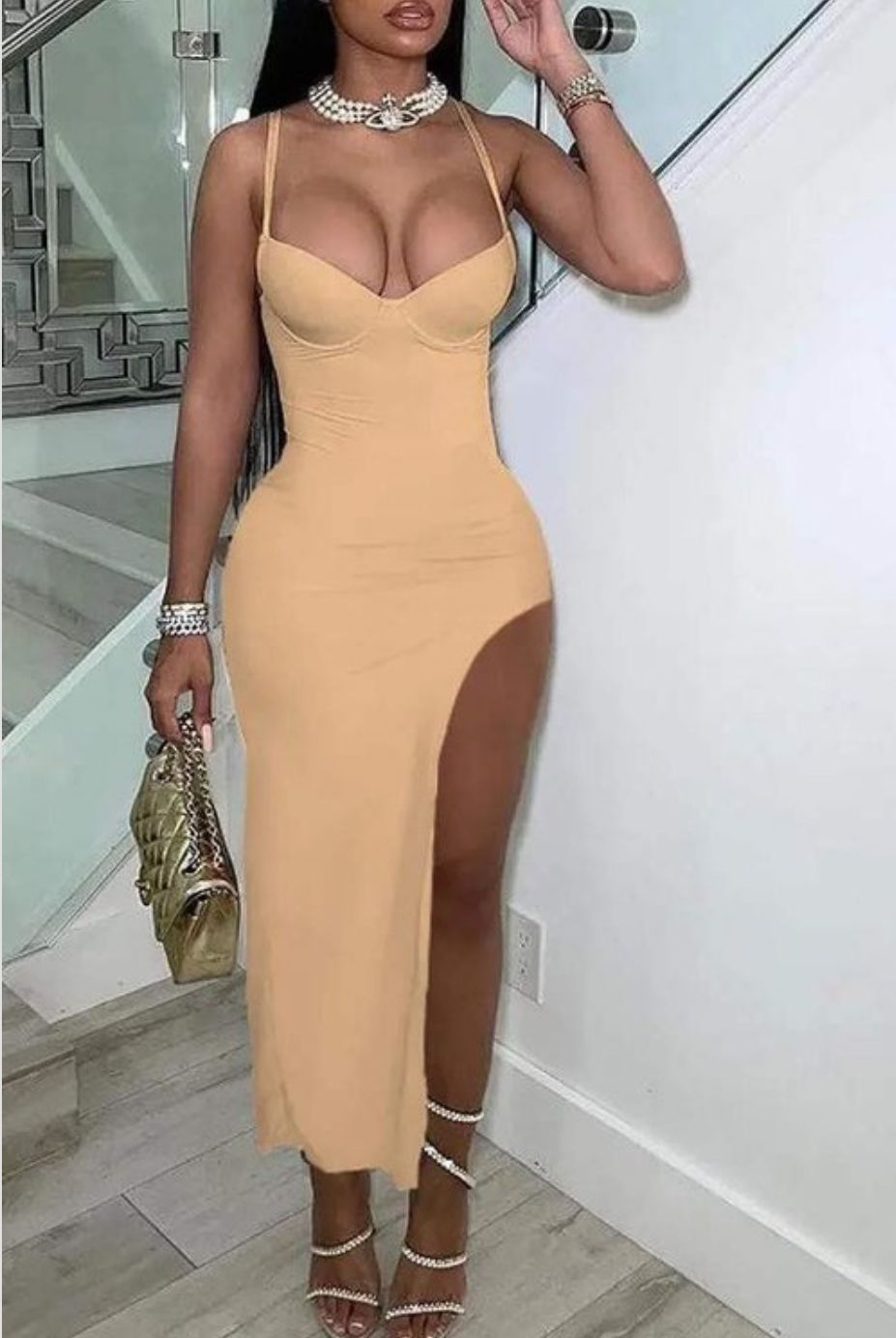 SPAGHETTI STRAP HIGH SLIT DRESS