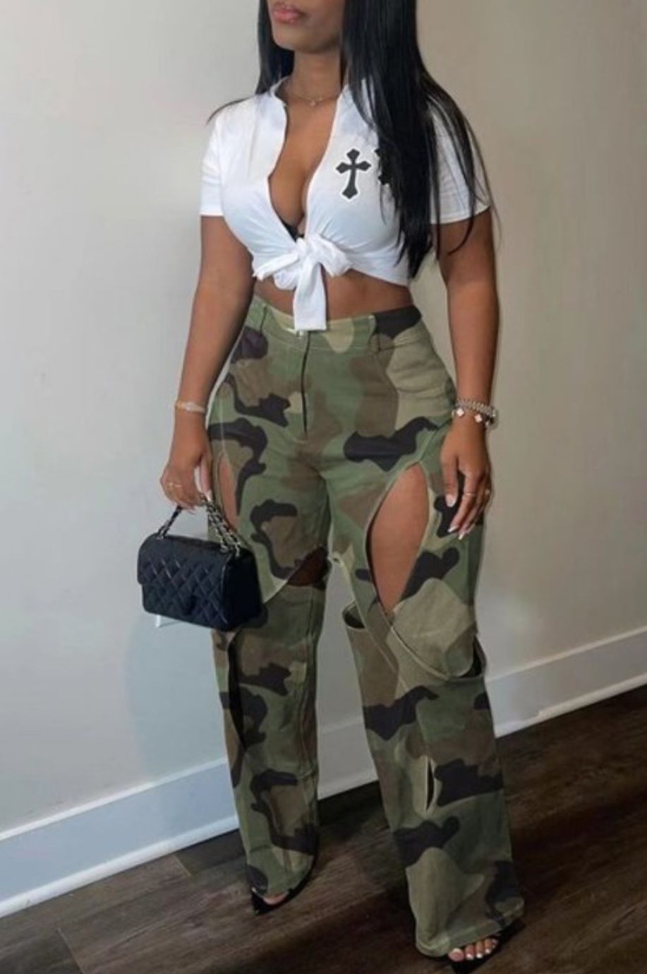 Camouflage Cutout Straight Long Pants