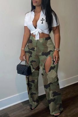 Camouflage Cutout Straight Long Pants