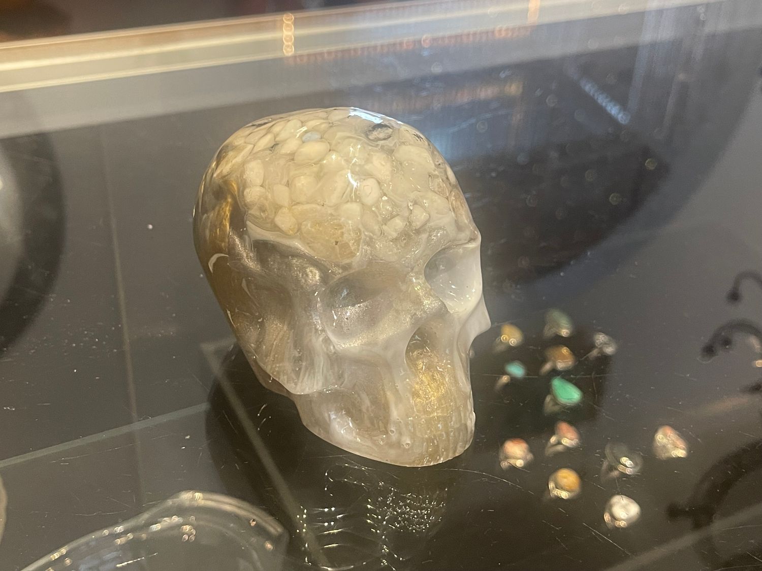 Moonstone and Quartz Resin Skull with Gold Detailing