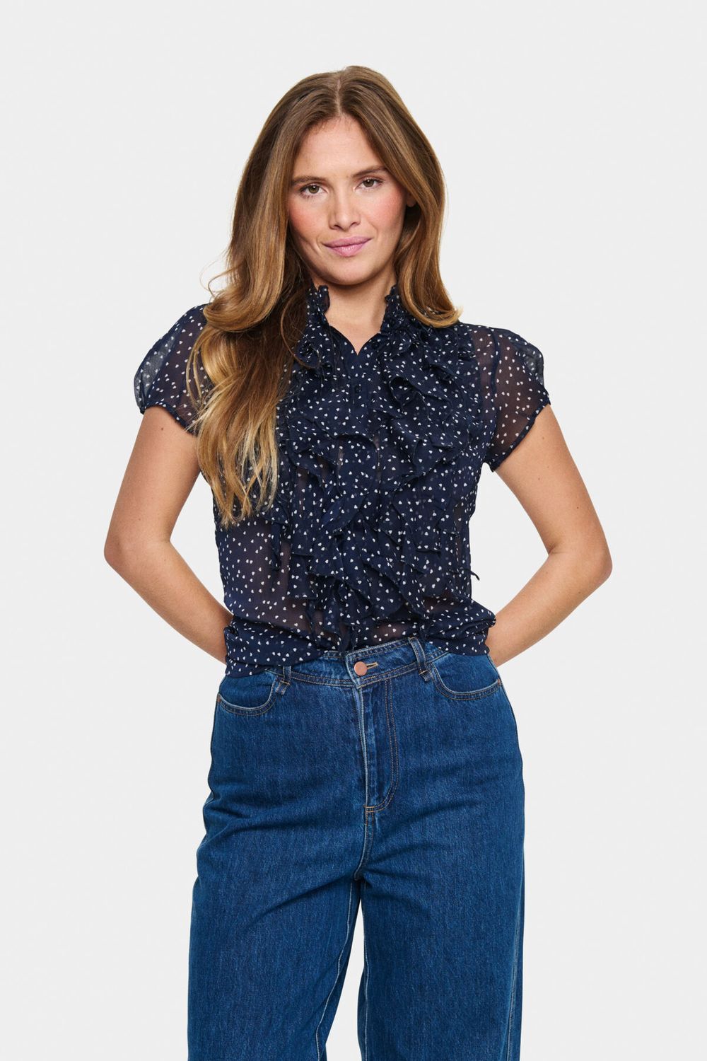LiljaSZ Crinkle SS Shirt, Color: Baritone Ice Mini Hearts, Size: XS