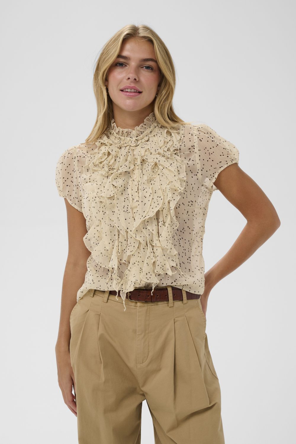 LiljaSZ Crinkle SS Shirt, Color: Creme Black Mini Dots, Size: XS