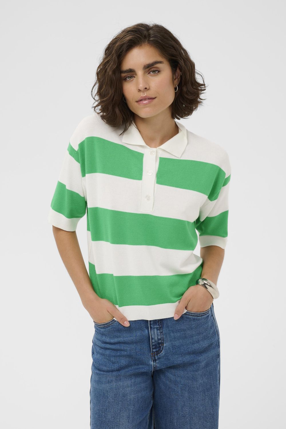 KAlizza Polo Knit, Color: Chalk/Bright Green Stripe, Size: XS