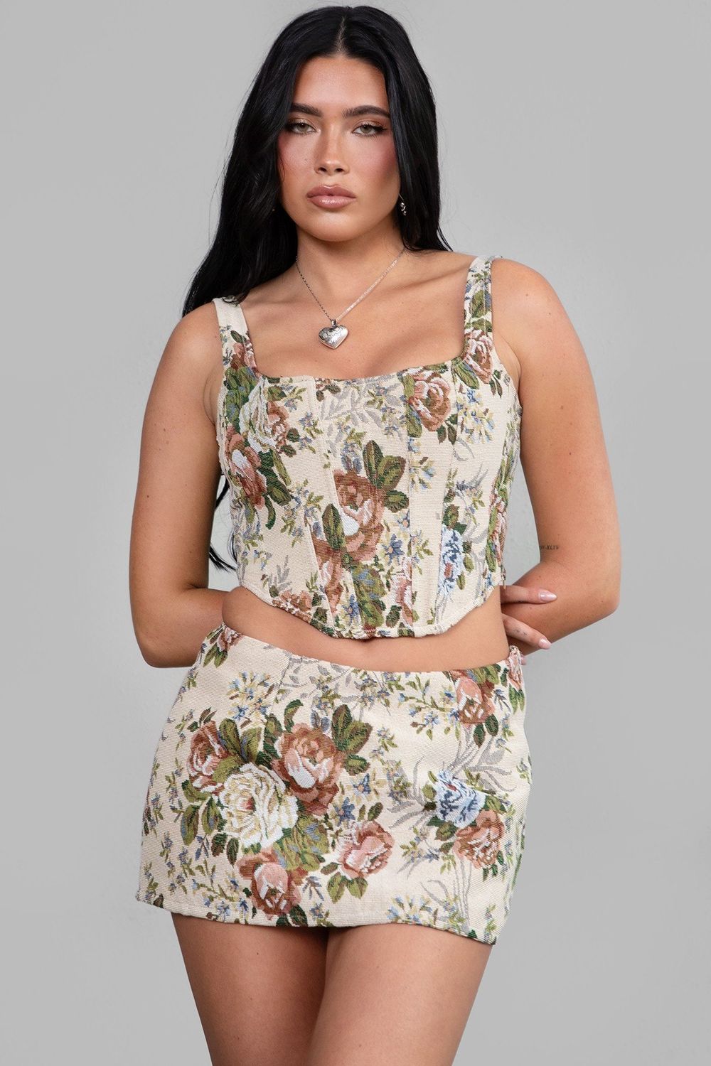 Tapestry Corset Top, Color: Taupe Floral, Size: Small