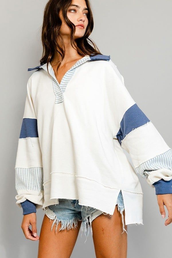 French Terry Rugby Top, Color: Ivory/Navy, Size: Small