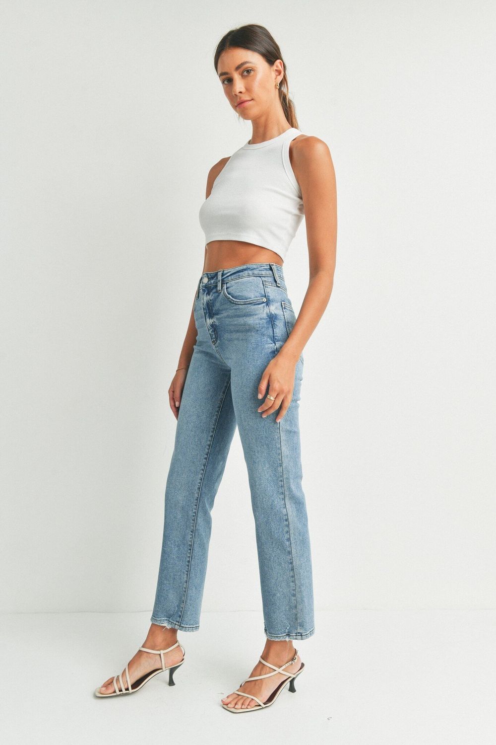 High Rise Clean Straight Leg Jeans, Color: Medium Denim, Size: 24