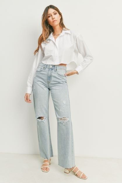 Ribcage Longer Length Straight Leg Jeans, Color: Light Denim, Size: 24