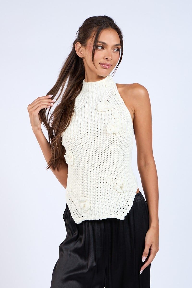 Backless Flower Knit Top, Color: Ivory, Size: Small