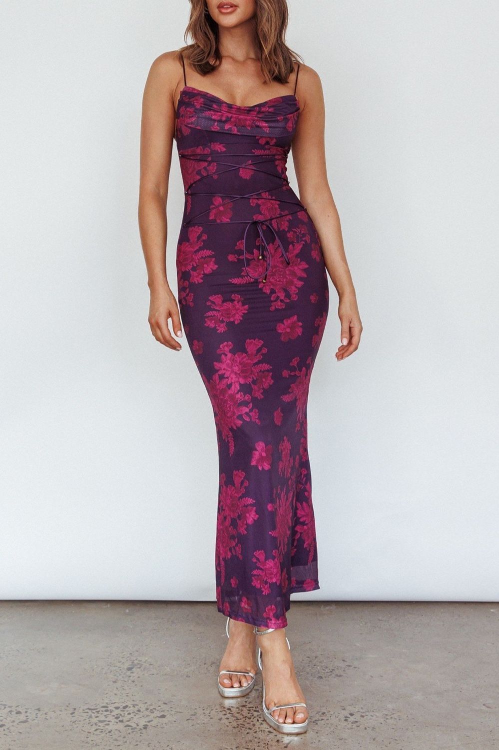 Cinched Lace Up Maxi Dress, Color: Grape Floral, Size: XSmall